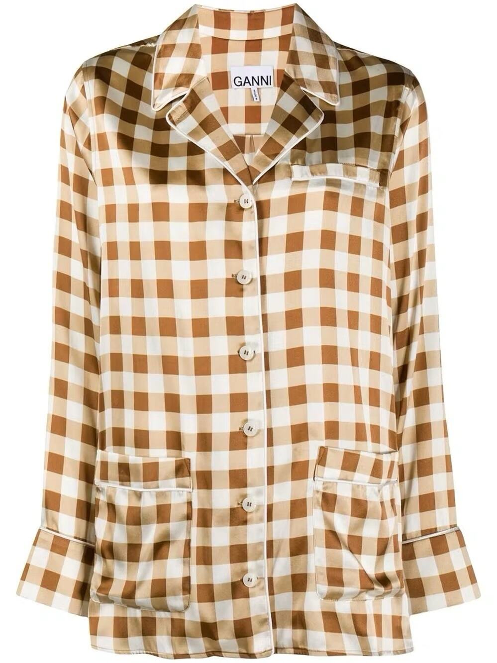 GANNI Silk Check Pajama Shirt Toffee Brown Plaid Blouse Size 34 US 4